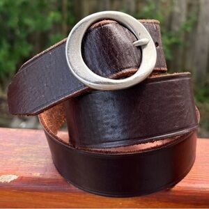 Brown Leather Belt with Oblong Silver Buckle